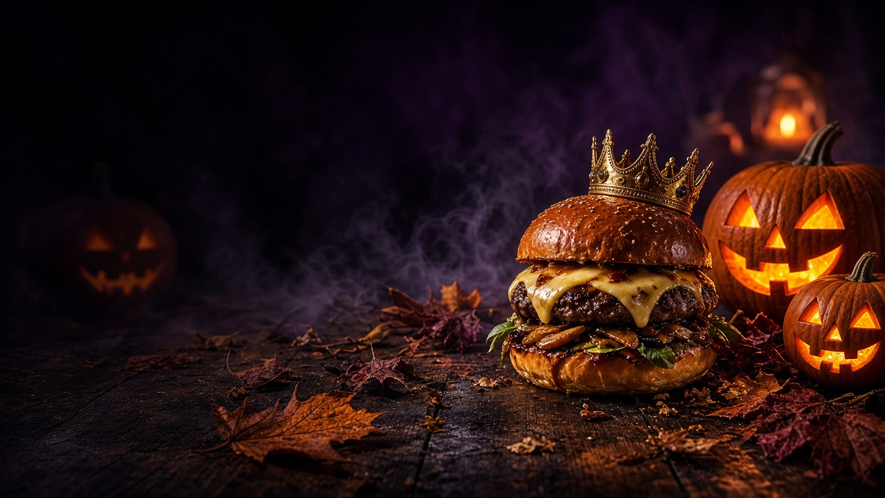 Crowned cheeseburger among glowing jack-o'-lanterns