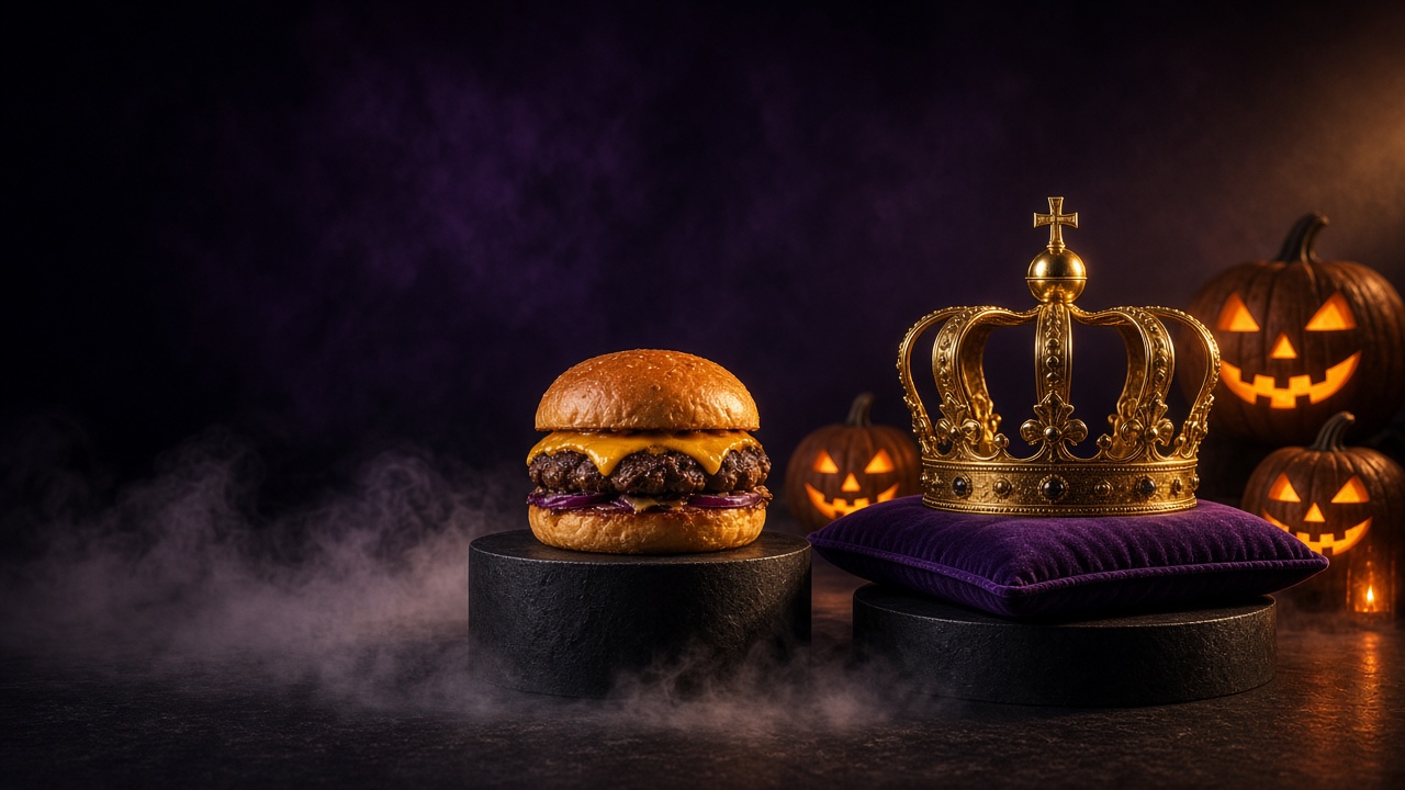 A cheeseburger on a dark pedestal beside an imperial crown resting on a velvet cushion, surrounded by jack-o'-lanterns awaiting further instructions.